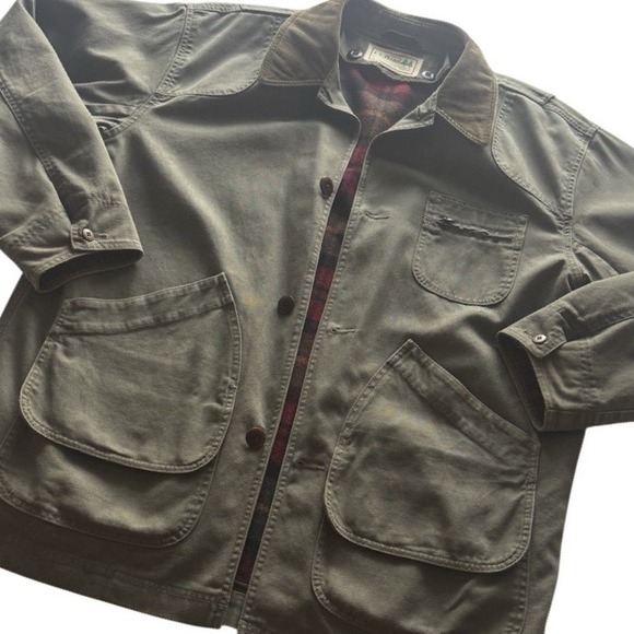 VTG LL Bean Barn Coat Mens Large Green Canvas Plaid Lined Chore Jacket Button - Picture 2 of 10